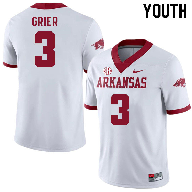 Youth #3 Antonio Grier Arkansas Razorback College Football Jerseys Stitched Sale-Alternate White - Click Image to Close